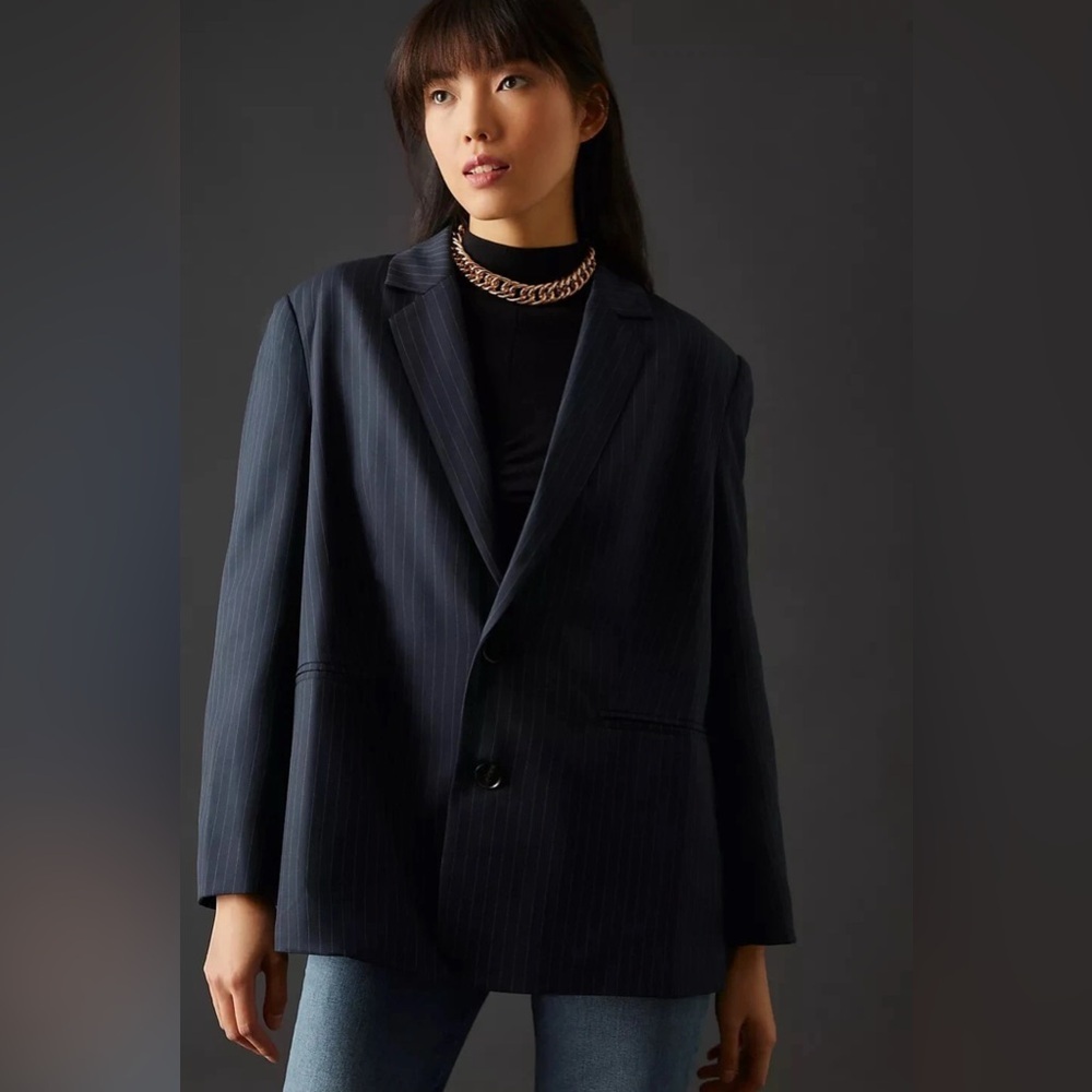 Women’s Mare Mare Anthropologie Pinstripe Oversized Blazer Button Up Size Small - Picture 2 of 16